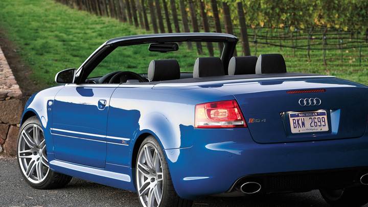Side Back Pose Of Audi RS4 Cabriolet In Blue